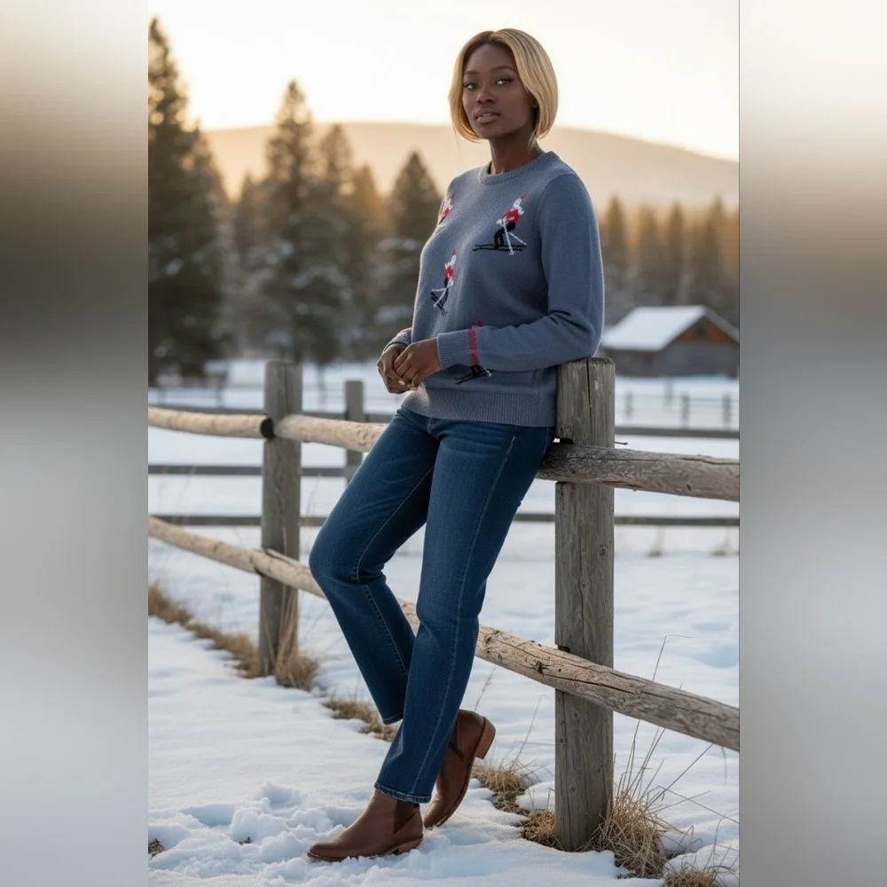 Abercrombie & Fitch Gray Sweater with Skiing Santa Design XS size